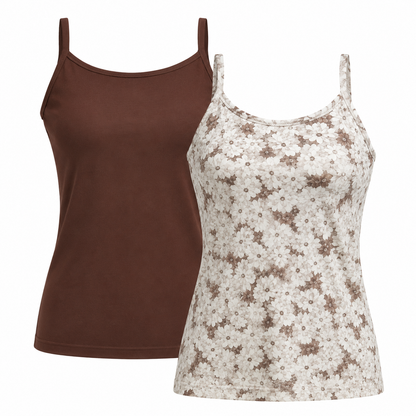 Two LuLaRoe Essential Camis displayed on a light gray background featuring one solid cocoa brown cami and one neutral floral cami with layered ivory, taupe, beige, and mocha daisy prints in a vintage-inspired pattern.