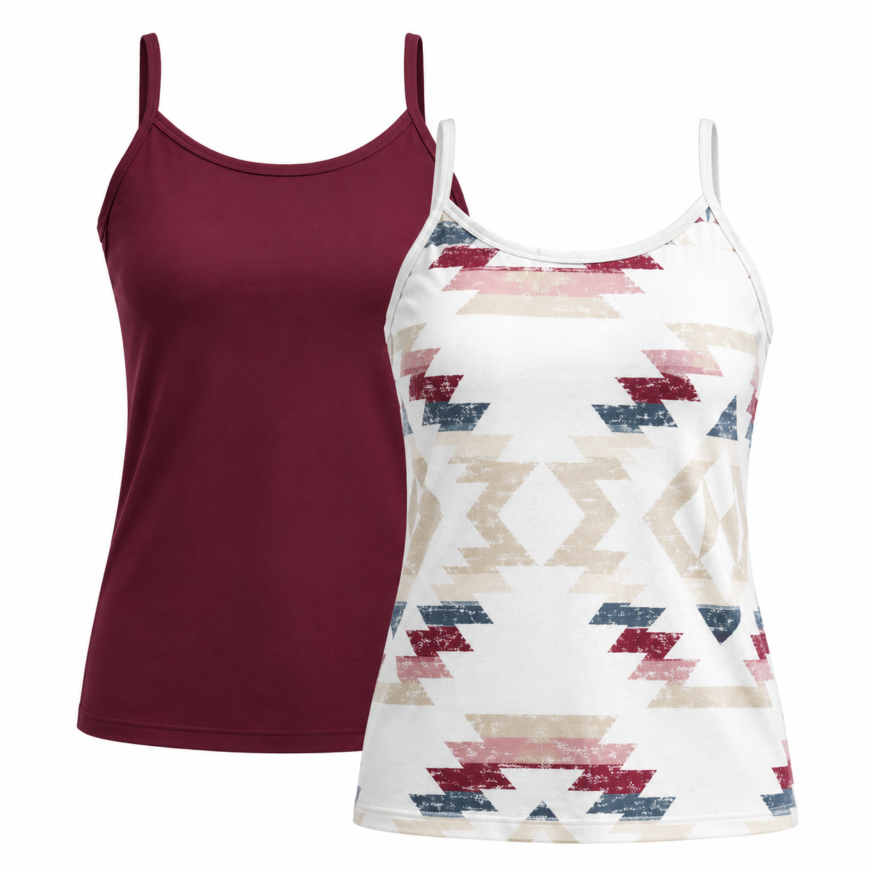 Two LuLaRoe Essential Camis displayed on a light gray background featuring one solid cranberry wine cami and one ivory cami with distressed southwestern geometric Aztec patterns in cranberry, dusty rose, slate blue, and beige.