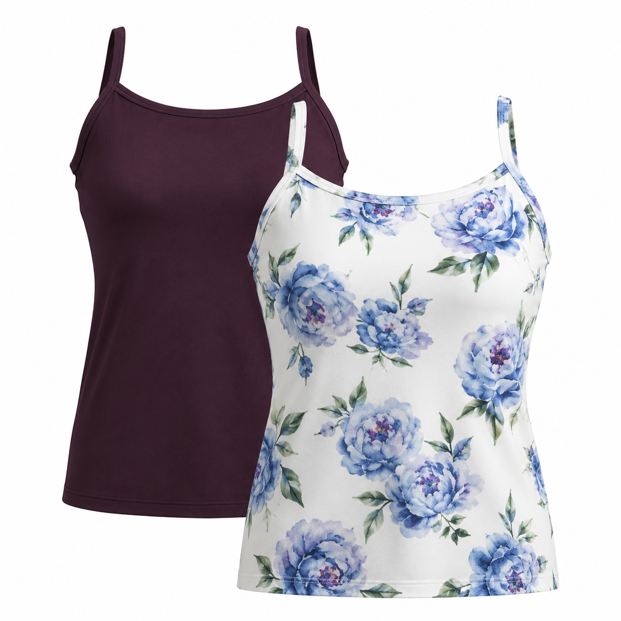 Two LuLaRoe Essential Camis displayed on a light gray background featuring one solid deep plum cami and one ivory cami with watercolor blue peony floral prints in shades of periwinkle, lavender, sage green, and soft violet.