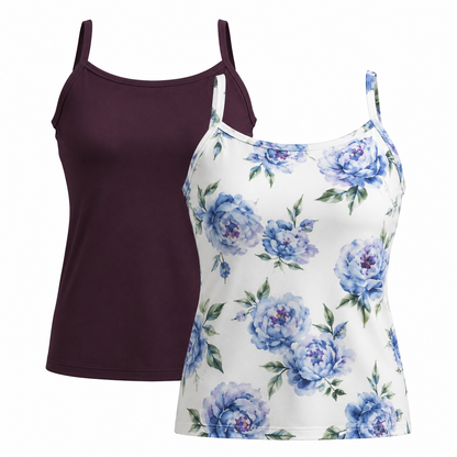 Two LuLaRoe Essential Camis displayed on a light gray background featuring one solid deep plum cami and one ivory cami with watercolor blue peony floral prints in shades of periwinkle, lavender, sage green, and soft violet.