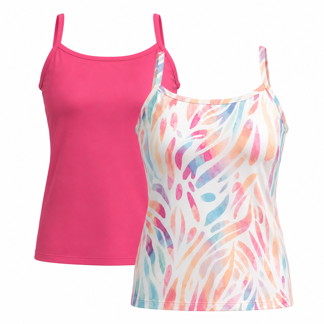 Two LuLaRoe Essential Camis displayed on a light gray background featuring one solid electric pink cami and one ivory cami with watercolor tropical leaf prints in shades of coral, aqua, peach, lavender, and pink.