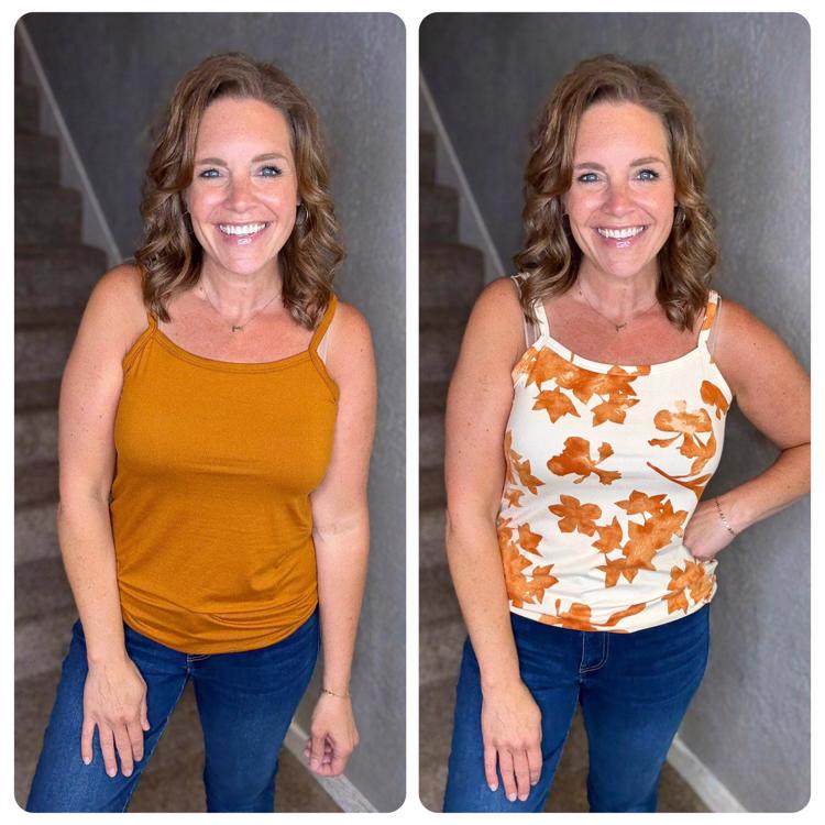 LuLaRoe Essential Cami in Solid Golden Spice featuring a warm golden amber solid color with a scoop neckline and comfortable layering fit.