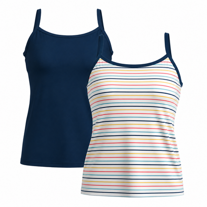 Two LuLaRoe Essential Camis featuring one solid navy blue cami and one white cami with navy, coral pink, aqua blue, and yellow horizontal stripes in a colorful coastal-inspired pattern, on a white background.