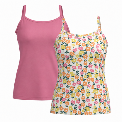 Two LuLaRoe Essential Camis displayed on a light gray background featuring one solid petal pink cami and one ivory floral cami with peach, yellow, and pink flowers and green botanical stems in a playful retro-inspired floral print.