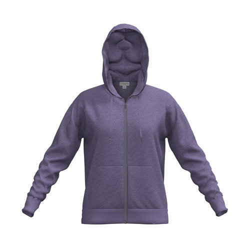 Front view of LuLaRoe Essential Zip Hoodie in Solid Amethyst Heather fleece fabric featuring a zip front, drawstring hood, ribbed cuffs, and kangaroo pocket on a white background