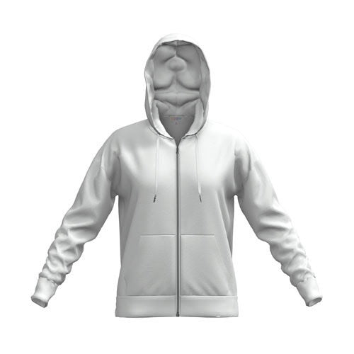 Front view of LuLaRoe Essential Zip Hoodie in Solid Classic White fleece with zip front, drawstring hood, ribbed cuffs, and kangaroo pocket on a white background