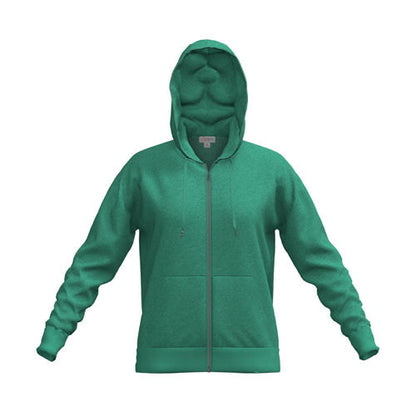 Front view of LuLaRoe Essential Zip Hoodie in Solid Fresh Clover green fleece with zip front, drawstring hood, ribbed cuffs, and kangaroo pocket on a white background