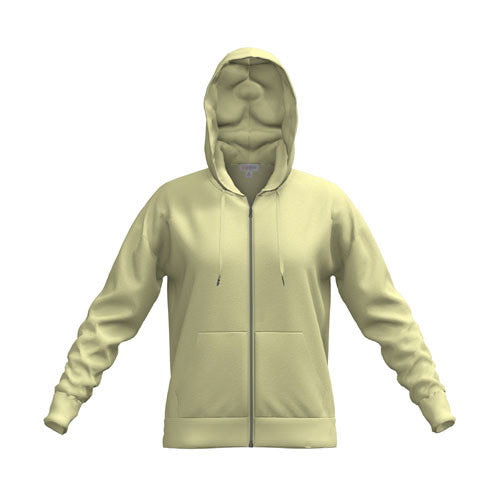 Front view of LuLaRoe Essential Zip Hoodie in Solid Soft Citron muted yellow green fleece with zip front, drawstring hood, and kangaroo pocket on a white background