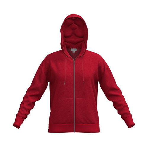 Front view of LuLaRoe Essential Zip Hoodie in Solid True Crimson red fleece with zip front, drawstring hood, and kangaroo pocket on a white background