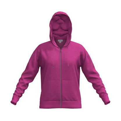 Front view of LuLaRoe Essential Zip Hoodie in Solid Vibrant Fuchsia fleece with zip front, drawstring hood, ribbed cuffs, and kangaroo pocket on a white background