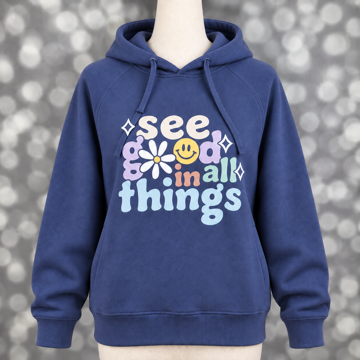 Women’s LuLaRoe Graphic Hoodie in dusty navy featuring a colorful See Good in All Things design.