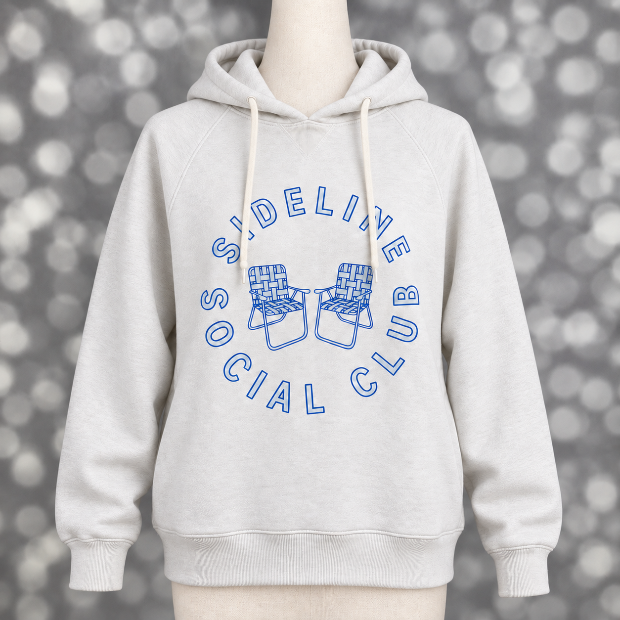Women’s LuLaRoe Graphic Hoodie in soft gray featuring a blue Sideline Social Club lawn chair design.
