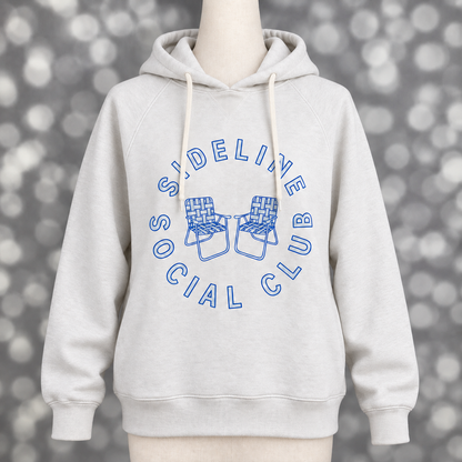 Women’s LuLaRoe Graphic Hoodie in soft gray featuring a blue Sideline Social Club lawn chair design.