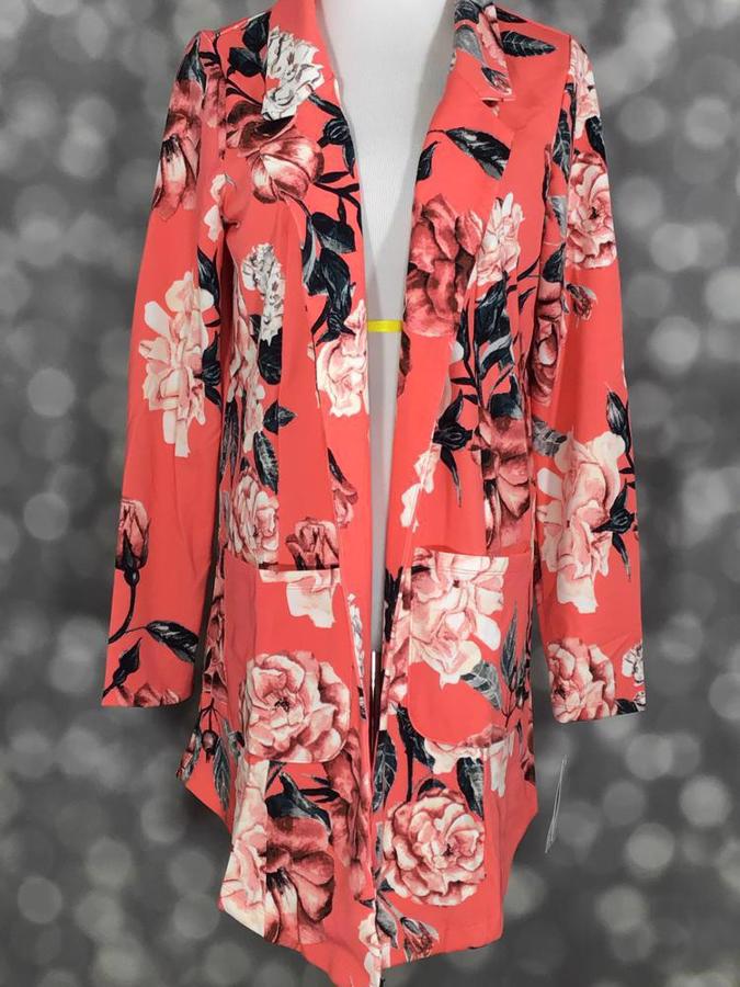LuLaRoe Gwen Jacket in coral with oversized rose floral print, long sleeve lightweight layering jacket with front pockets.