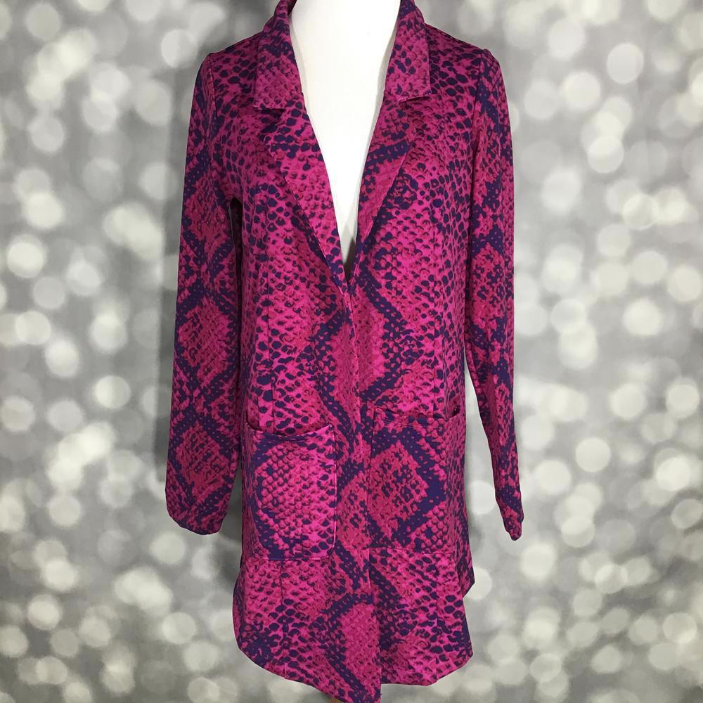 LuLaRoe Gwen Jacket in magenta and navy snakeskin print, long sleeve open-front lightweight layering jacket with pockets.
