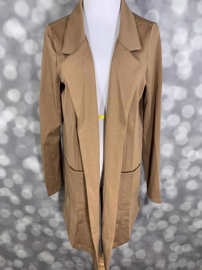 LuLaRoe Gwen Jacket in solid tan with long sleeves, open front, and functional pockets. Lightweight layering piece with a neutral, versatile tone.