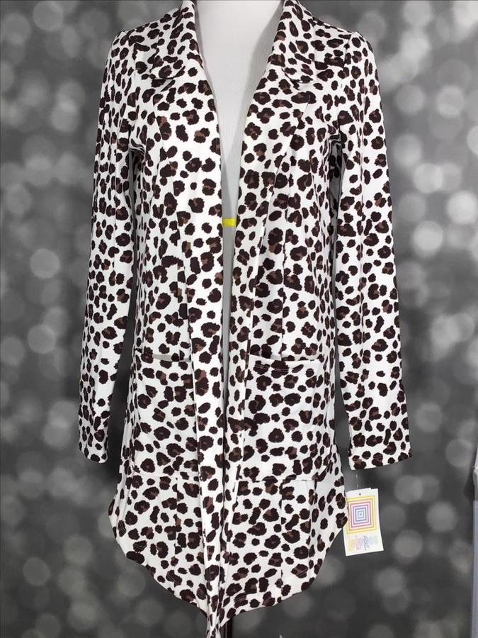 LuLaRoe Gwen Jacket in white with brown and black leopard print, long sleeve lightweight layering jacket with open front and pockets.