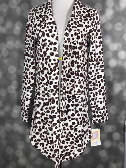 LuLaRoe Gwen Jacket in white with brown and black leopard print, long sleeve lightweight layering jacket with open front and pockets.