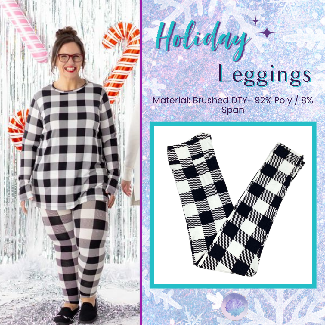 Woman wearing matching black and white buffalo plaid LuLaRoe leggings and long-sleeve top, standing in holiday décor with candy canes.