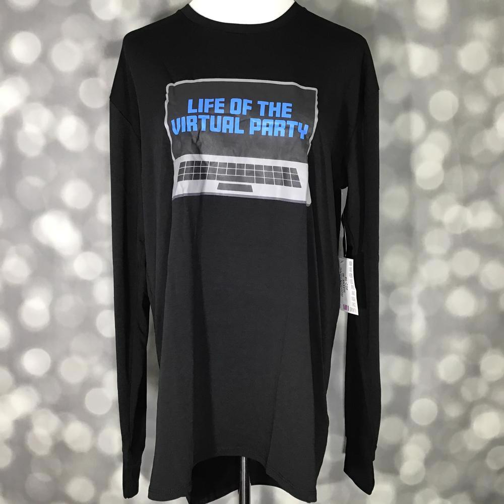 LuLaRoe Hudson Long Sleeve Tee in black with blue and gray 'Life of the Virtual Party' laptop graphic – unisex crew neck top