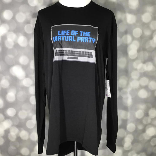 LuLaRoe Hudson Long Sleeve Tee in black with blue and gray 'Life of the Virtual Party' laptop graphic – unisex crew neck top
