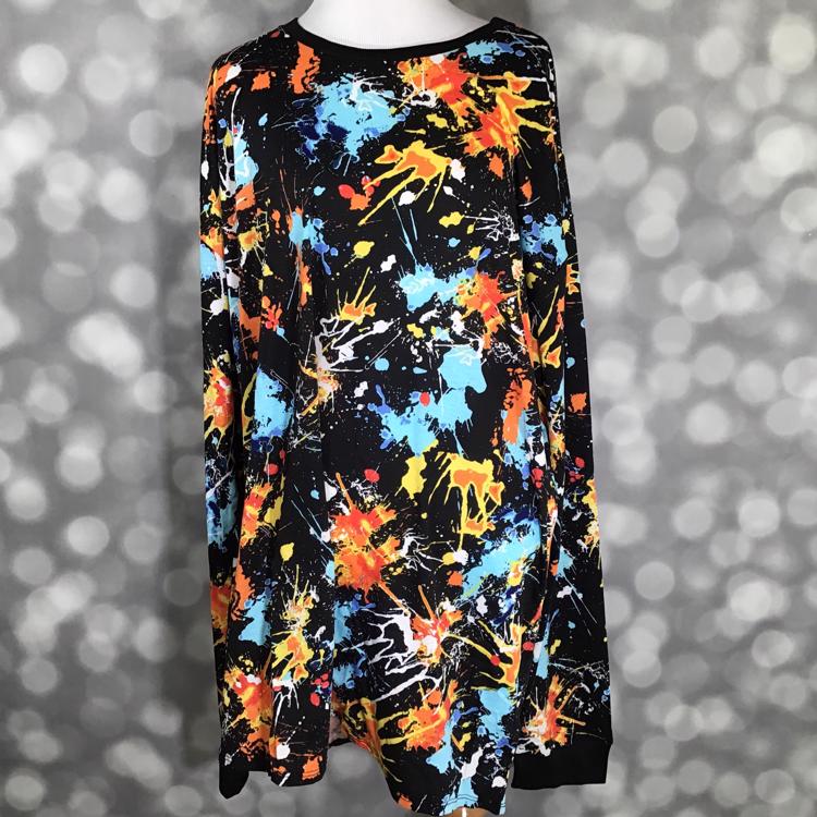LuLaRoe Hudson Long Sleeve Tee in black with multicolor neon paint splatter print – unisex crew neck top