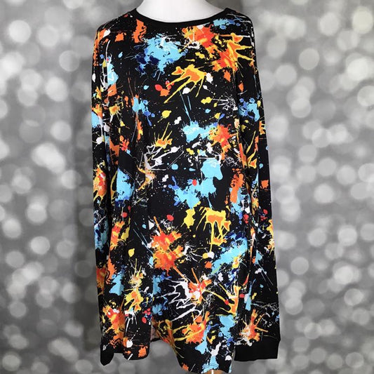 LuLaRoe Hudson Long Sleeve Tee in black with multicolor neon paint splatter print – unisex crew neck top