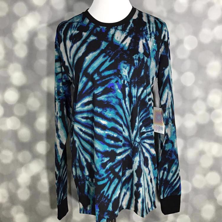LuLaRoe Hudson Long Sleeve Tee in blue and black tie-dye print – unisex crew neck top