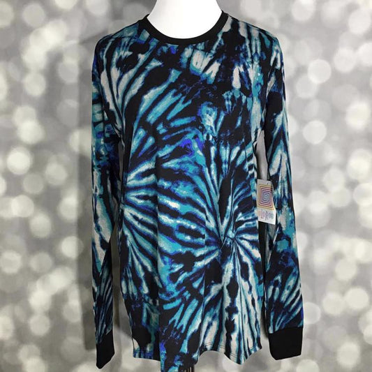 LuLaRoe Hudson Long Sleeve Tee in blue and black tie-dye print – unisex crew neck top