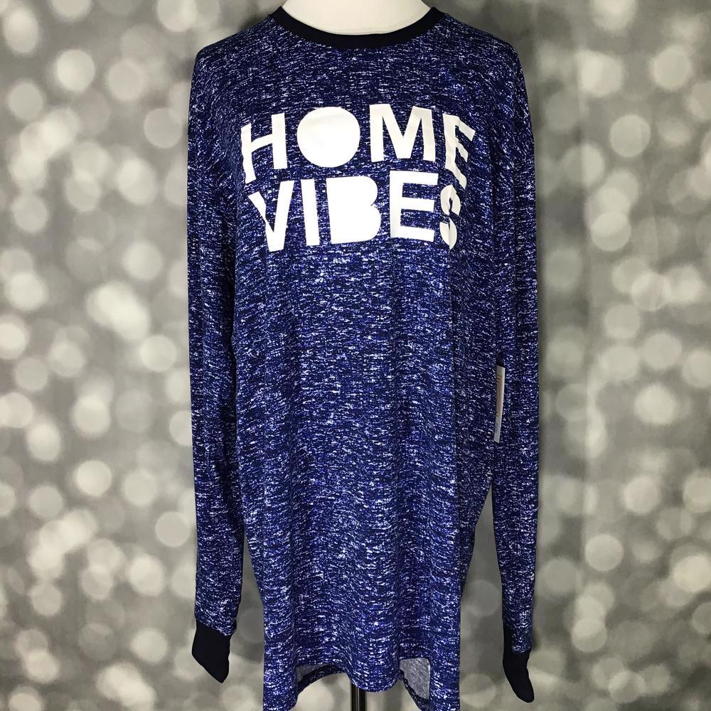LuLaRoe Hudson Long Sleeve Tee in blue heathered knit with white 'Home Vibes' graphic – unisex crew neck top