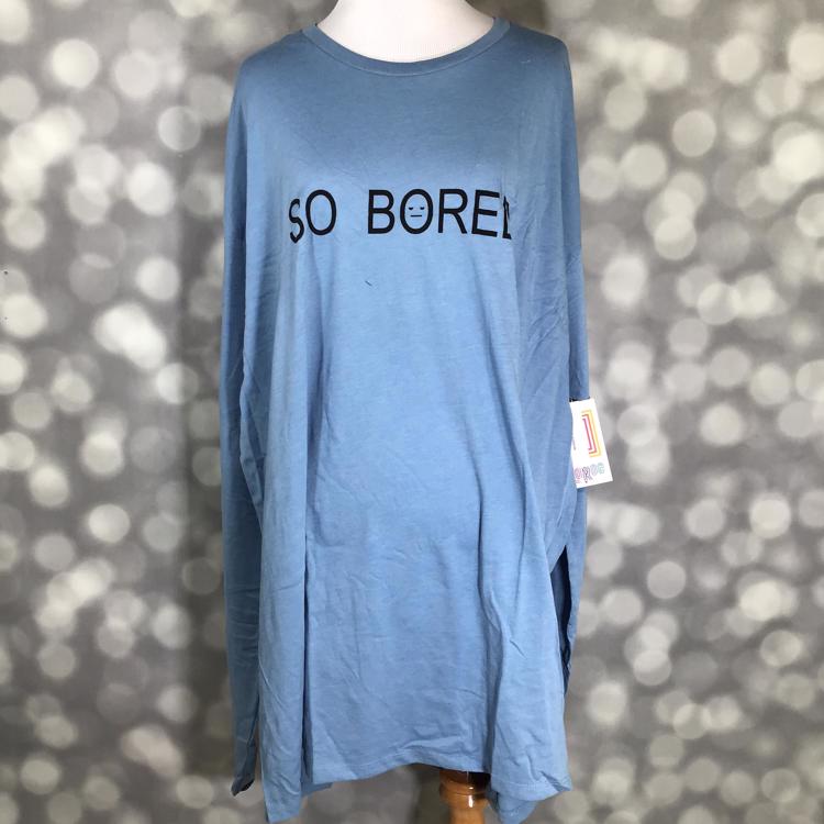 LuLaRoe Hudson Long Sleeve Tee in blue with black 'So Bored' graphic and emoji – unisex crew neck top
