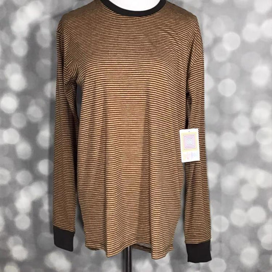 LuLaRoe Hudson Long Sleeve Tee in brown and black horizontal stripes – unisex crew neck top