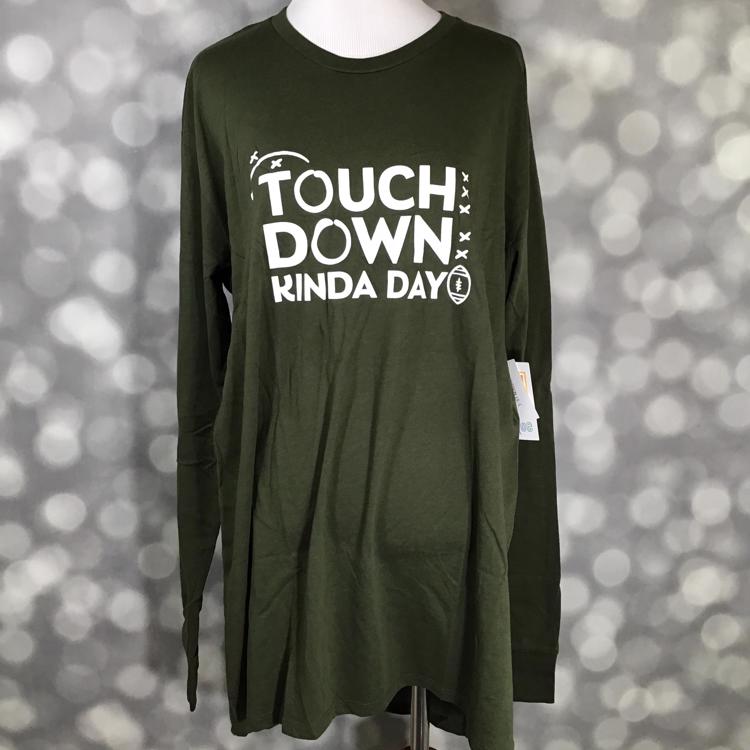 LuLaRoe Hudson Long Sleeve Tee in green with white 'Touchdown Kinda Day' football graphic – unisex crew neck top