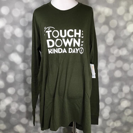 LuLaRoe Hudson Long Sleeve Tee in green with white 'Touchdown Kinda Day' football graphic – unisex crew neck top