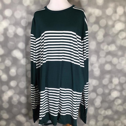 LuLaRoe Hudson Long Sleeve Tee in green and white bold stripe print – unisex crew neck top
