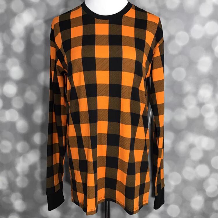 LuLaRoe Hudson Long Sleeve Tee in orange and black buffalo plaid – unisex crew neck top