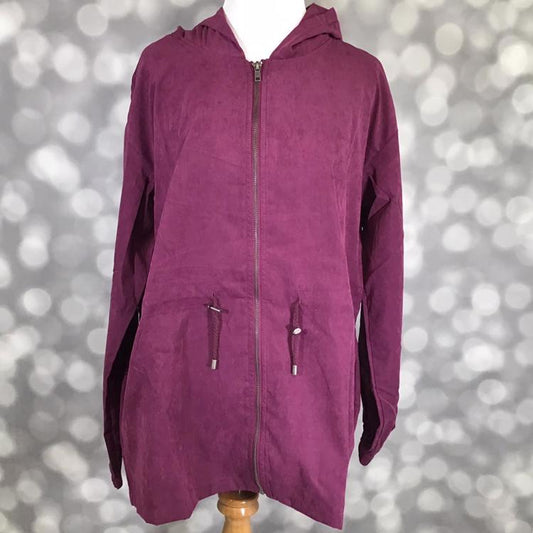 LuLaRoe Jackie Jacket in solid burgundy with hood, cinch waist, and zip front