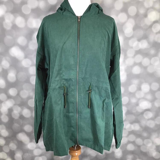LuLaRoe Jackie Jacket in solid green with hood, zip front, and cinch waist