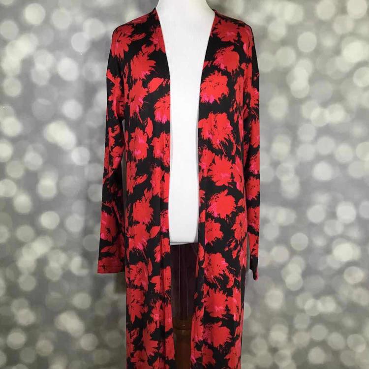 LuLaRoe Janet Cardigan in black with bold red floral print, longline open-front design