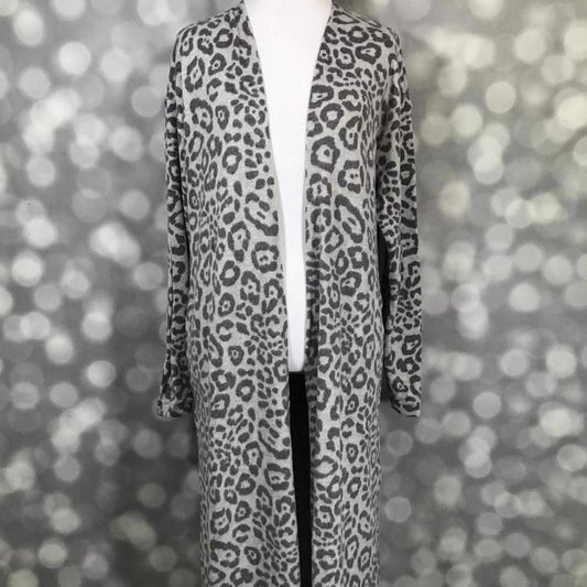 LuLaRoe Janet Cardigan in gray and black leopard print with long duster silhouette
