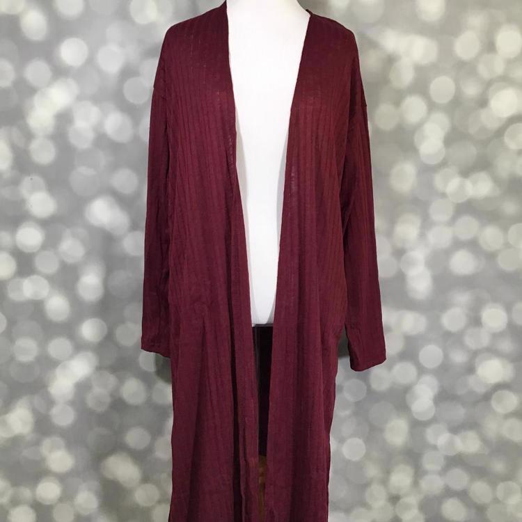 LuLaRoe Janet Cardigan in solid burgundy, longline open-front cardigan with lightweight drape