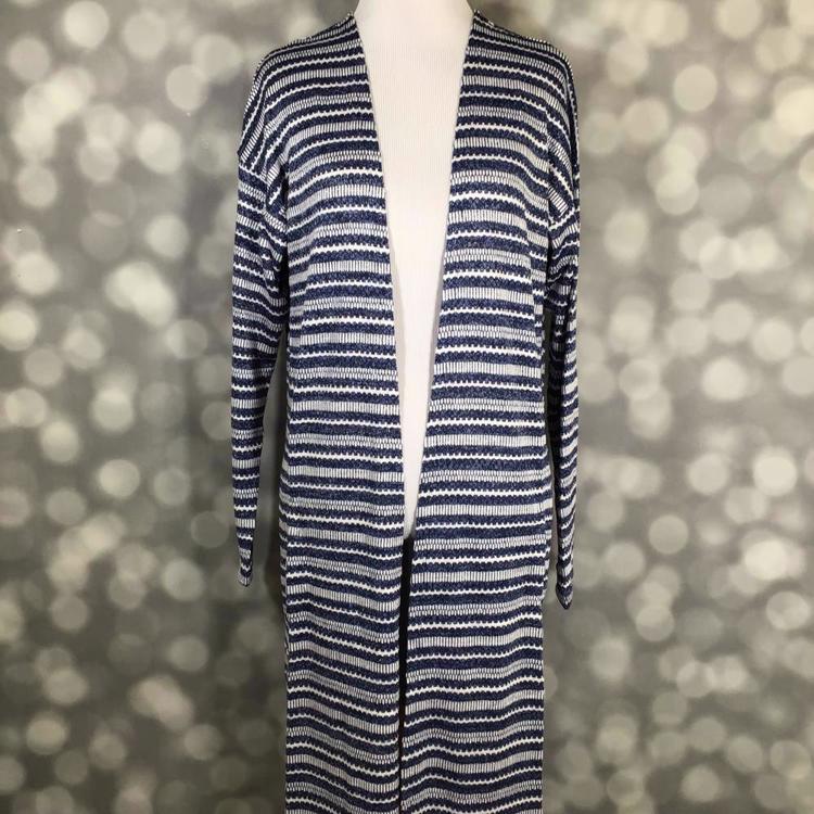 LuLaRoe Janet Cardigan in navy and white horizontal stripes, open-front longline design