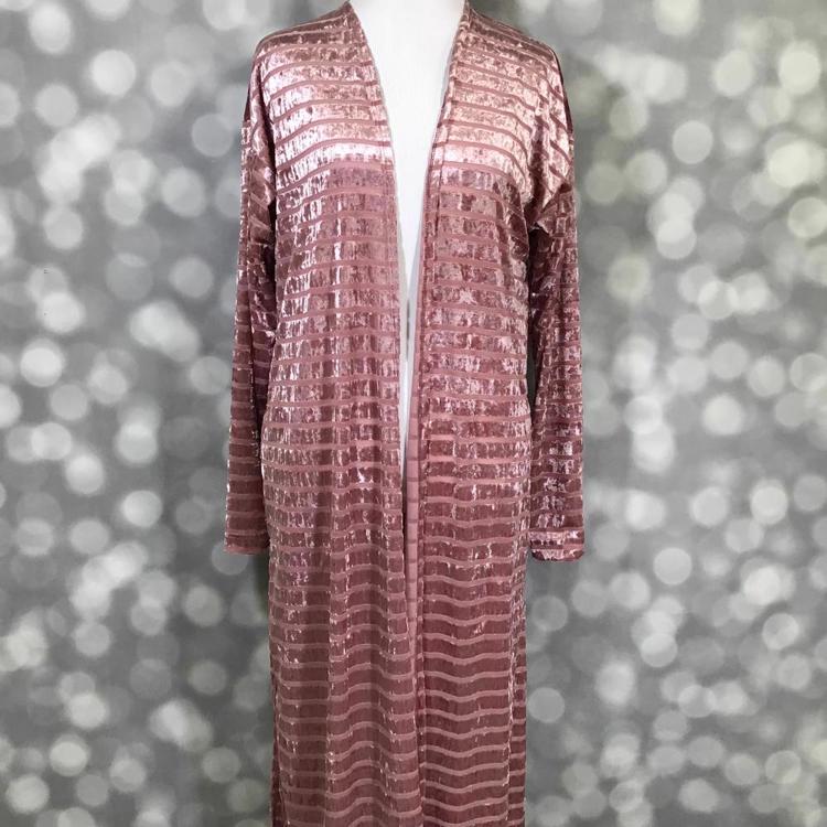 LuLaRoe Janet Cardigan in pink velvet stripe with long duster silhouette and open front