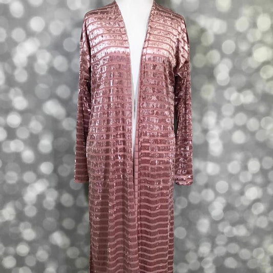 LuLaRoe Janet Cardigan in pink velvet stripe with long duster silhouette and open front