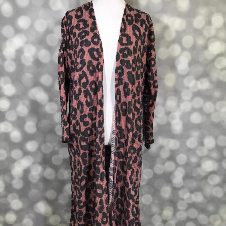 LuLaRoe Janet Cardigan in pink and black leopard print with long duster silhouette and open front