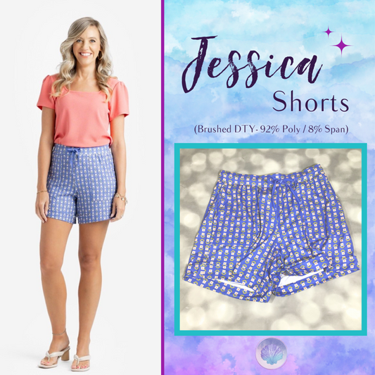 LuLaRoe Jessica Shorts in blue floral boho print with drawstring waist and relaxed fit