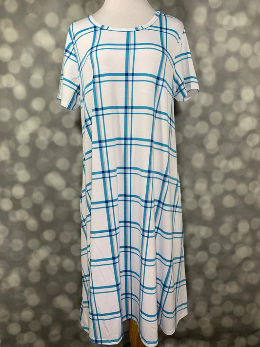 Front view of LuLaRoe Jessie dress on mannequin featuring white base with blue plaid grid pattern, short sleeves, and flowy swing fit against a blurred background