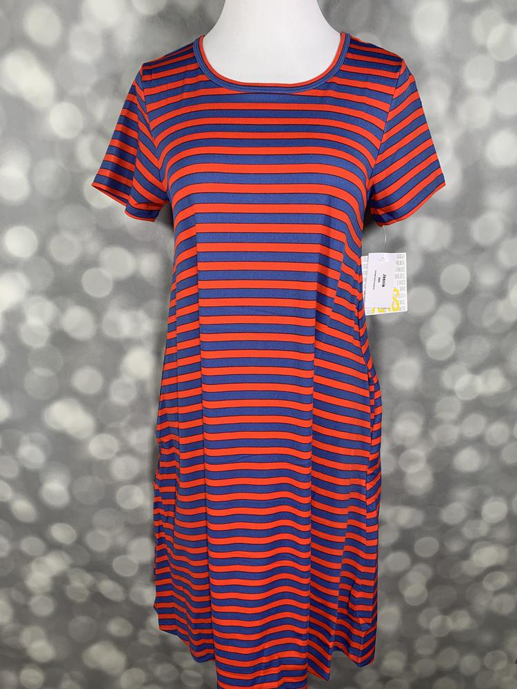 Front view of LuLaRoe Jessie dress on mannequin featuring red and blue striped pattern, short sleeves, and flowy swing fit against a gray background