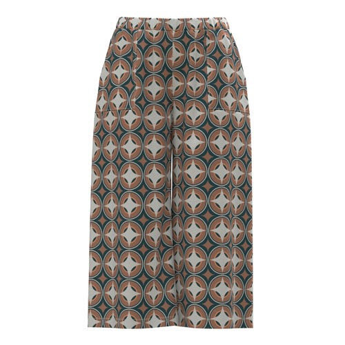 LuLaRoe Justine wide-leg pants with retro geometric medallion print in taupe, ivory, and teal tones, featuring elastic waistband and relaxed cropped fit on a white background