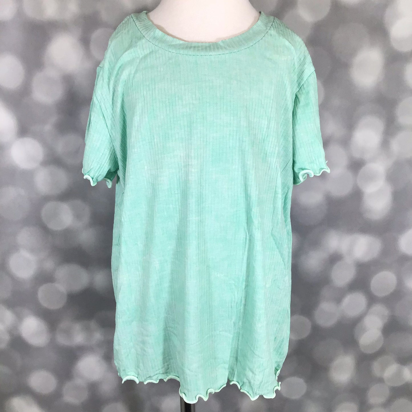 LuLaRoe Kids Lacey Top in Mint Distressed with ribbed knit fabric and lettuce-edge trim
